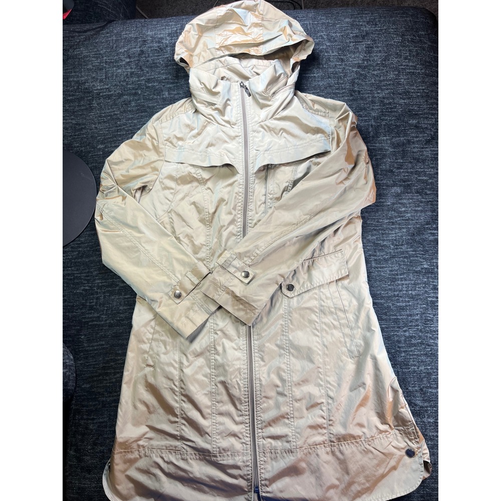 Cole Haan Trench Coat Womens Medium Champagne Metallic Hooded Raincoat Zip Front